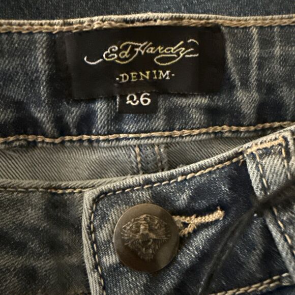 Ed Hardy Embroidered True Love Flare Jeans Womens 26 Love Eternal Spellout NEW - Picture 6 of 15